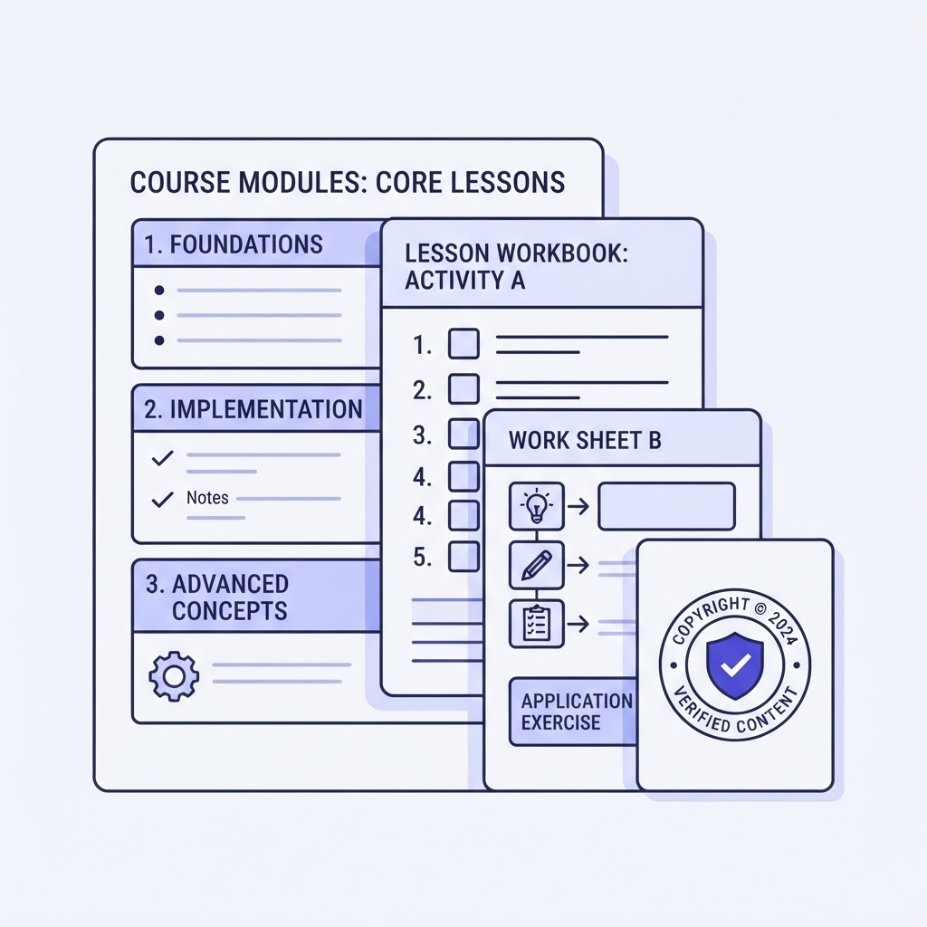 Stack of illustrated worksheet cards, an outline card, and a rights-check seal card
